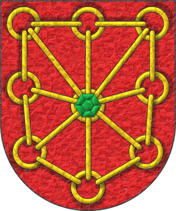 Escudo de gules, cinco cadenas enlazadas, dos en cruz, dos en sotuer y una puesta en orla de oro; brochante en el centro, una esmeralda de sinople.