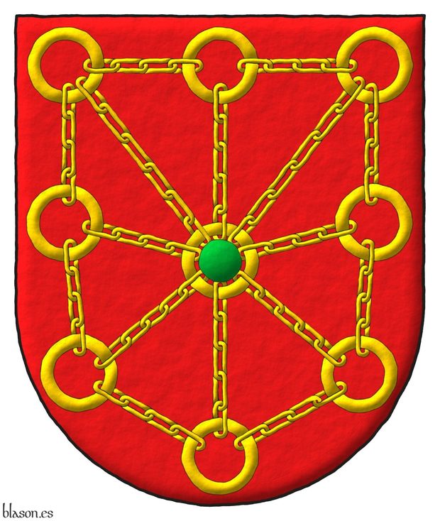 Escudo de gules, una cadena puesta en orla, en cruz y en sotuer de oro, cargada en el centro de una esmeralda de sinople.