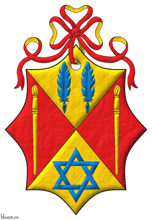 Party per saltire: 1 Or, two quill pens in fess Azure; 2 and 3 Gules, a paintbrush point upwards Or; 4 Or, a mullet of six points voided, interlaced Azure. Crest: A ribbon Gules doubled Or.