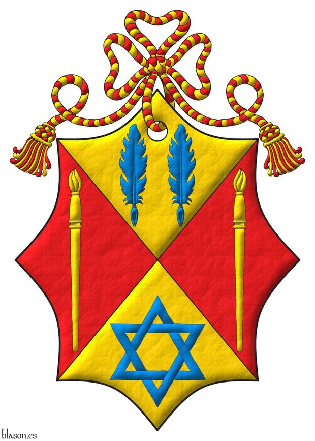 Party per saltire: 1 Or, two quill pens in fess Azure; 2 and 3 Gules, a paintbrush point upwards Or; 4 Or, a mullet of six points voided, interlaced Azure. Crest: A cord Gules and Or.