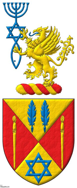 Party per saltire: 1 Or, two quill pens in fess Azure; 2 and 3 Gules, a paintbrush point upwards Or; 4 Or, a mullet of six points voided, interlaced Azure. Crest: Upon a wreath Or and Gules, a griffin segreant Or, langued, supporting with both paws the Messianic Seal of Jerusalem Azure.