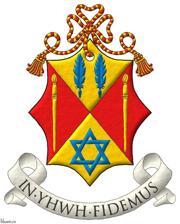 Party per saltire: 1 Or, two quill pens in fess Azure; 2 and 3 Gules, a paintbrush point upwards Or; 4 Or, a mullet of six points voided, interlaced Azure. Crest: A cord Gules and Or. Motto: �In YHWH Fidemus�.