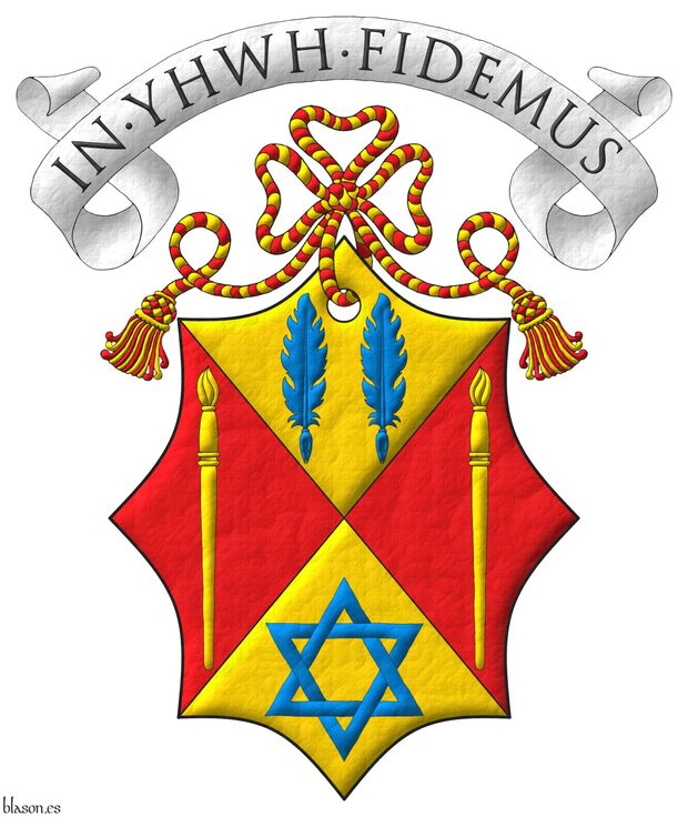 Party per saltire: 1 Or, two quill pens in fess Azure; 2 and 3 Gules, a paintbrush point upwards Or; 4 Or, a mullet of six points voided, interlaced Azure. Crest: A cord Gules and Or. Motto above the crest: �In YHWH Fidemus�.