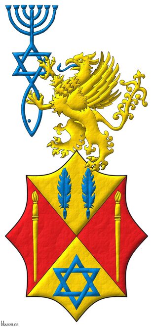 Escudo cuartelado en sotuer: 1o de oro, dos plumas para escribir en faja de azur; 2o y 3o de gules, un pincel alzado de oro; 4o de oro, una estrella de seis puntas, hueca y entrelazada de azur. Cimado de un grifo sumado al escudo, rampante de oro, lampasado de azur, teniendo entre sus garras el sello mesi�nico de Jerusal�n de azur.