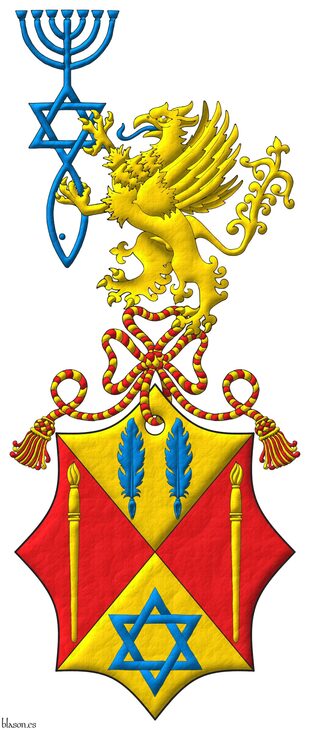 Party per saltire: 1 Or, two quill pens in fess Azure; 2 and 3 Gules, a paintbrush point upwards Or; 4 Or, a mullet of six points voided, interlaced Azure. Crest: Upon a cord Gules and Or, a griffin segreant Or, langued, supporting with both paws the Messianic Seal of Jerusalem Azure.