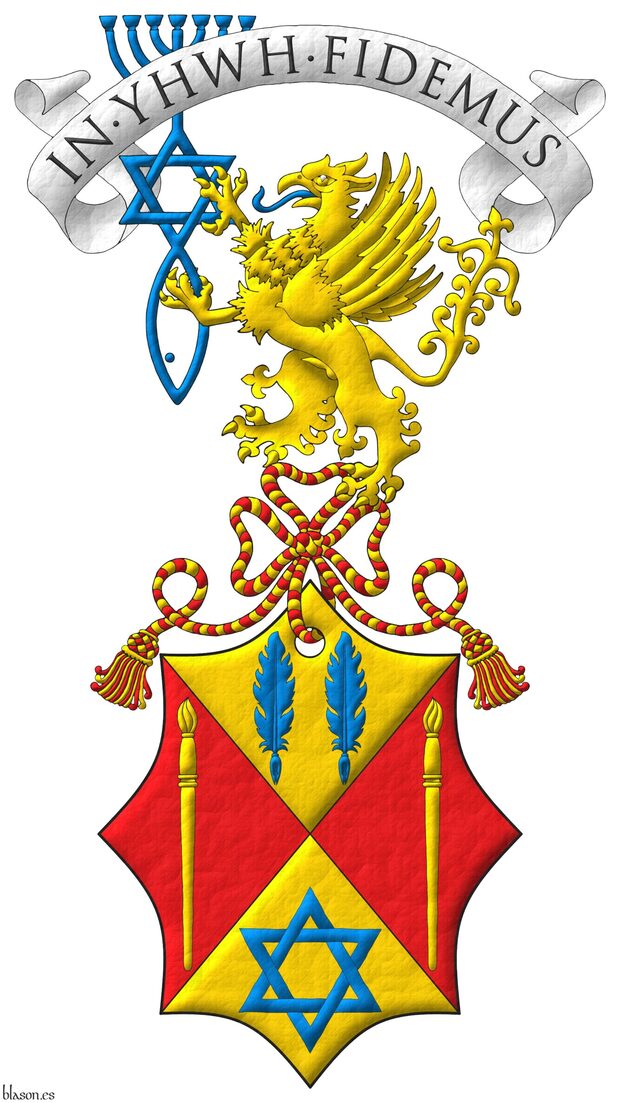Party per saltire: 1 Or, two quill pens in fess Azure; 2 and 3 Gules, a paintbrush point upwards Or; 4 Or, a mullet of six points voided, interlaced Azure. Crest: Upon a cord Gules and Or, a griffin segreant Or, langued, supporting with both paws the Messianic Seal of Jerusalem Azure. Motto above the crest: �In YHWH Fidemus�.