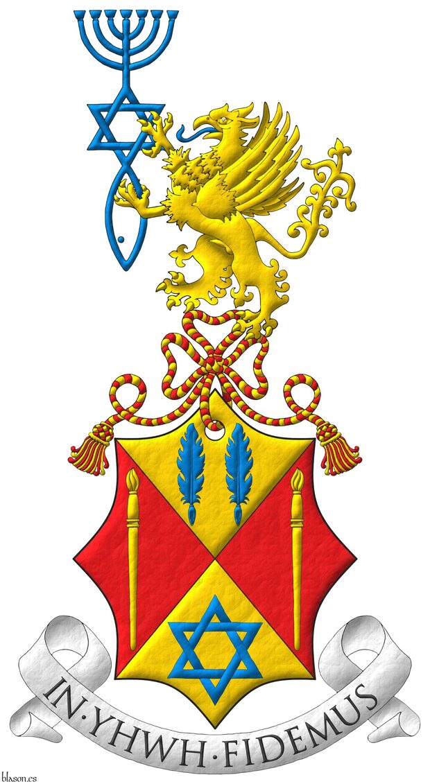 Party per saltire: 1 Or, two quill pens in fess Azure; 2 and 3 Gules, a paintbrush point upwards Or; 4 Or, a mullet of six points voided, interlaced Azure. Crest: Upon a cord Gules and Or, a griffin segreant Or, langued, supporting with both paws the Messianic Seal of Jerusalem Azure. Motto: �In YHWH Fidemus�.
