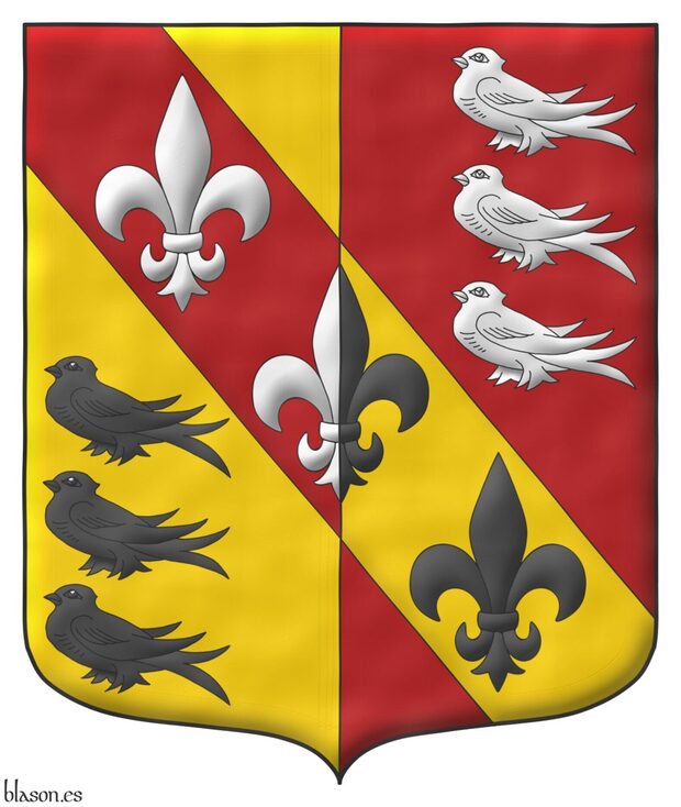 Party per pale Or and Gules, on a bend counterchanged three fleur de lis palewise counterchanged Argent and Sable between six martlets, 3 and 3 in pale, counterchanged Sable and Argent.