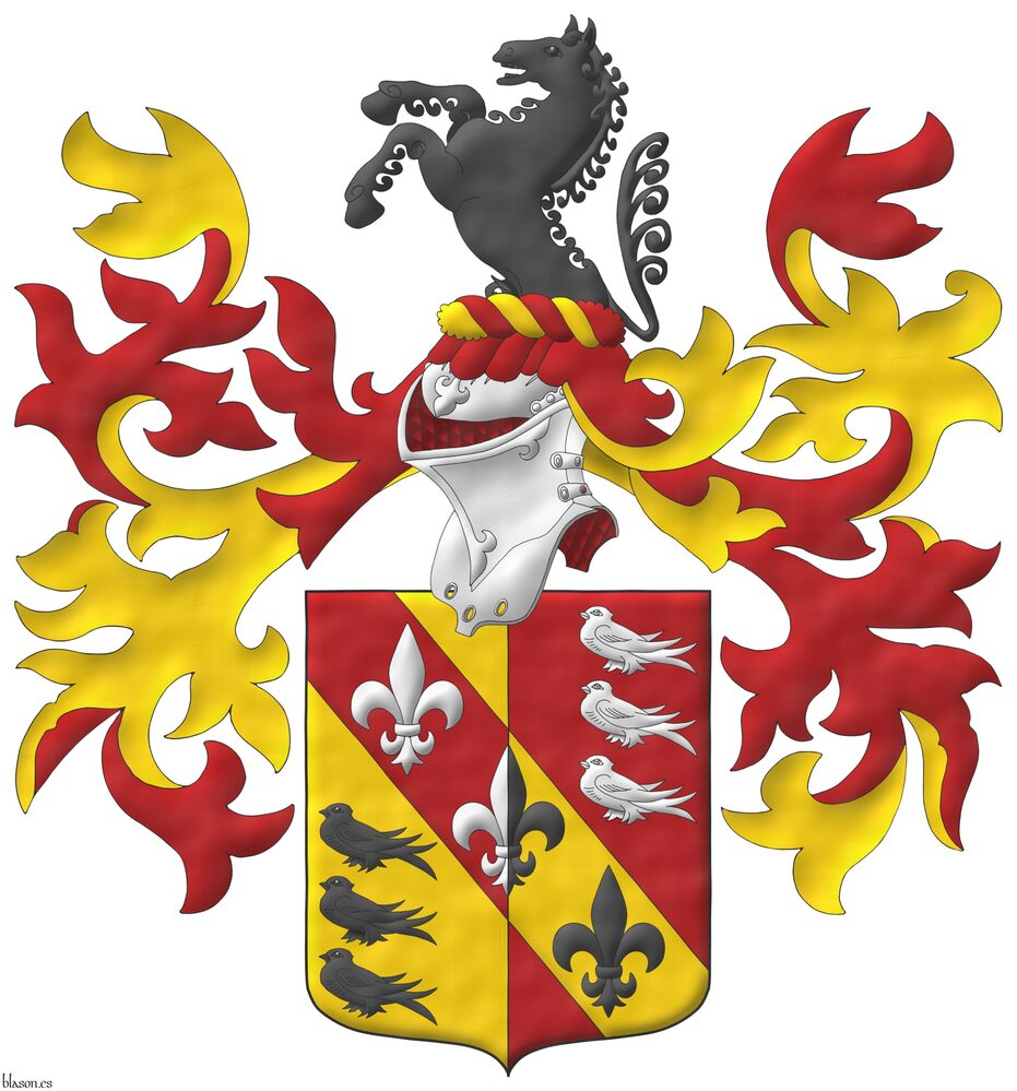 Party per pale Or and Gules, on a bend counterchanged three fleur de lis palewise counterchanged Argent and Sable between six martlets, 3 and 3 in pale, counterchanged Sable and Argent. Crest: Upon a helm with a wreath Or and Gules, a demi-horse Sable. Mantling: Gules doubled Or.