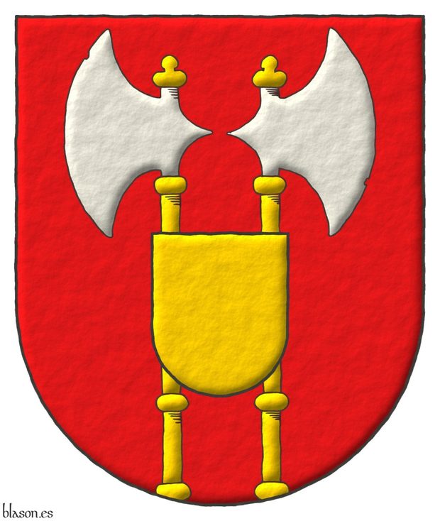 Gules, two axes addorsed Argent, hafted Or, issuant from the base; overall, at the nombril, an escutcheon Or.