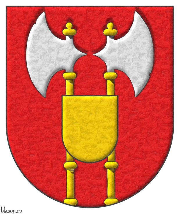 Gules, two Axes Argent, hafted Or, addorsed, issuant from the base; overall, at the nombril, an Escutcheon Or.