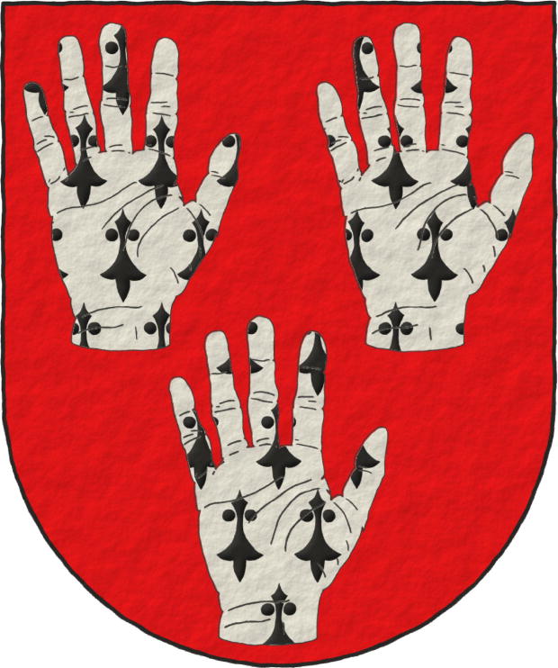 Escudo de gules, tres manos diestras levantadas y apalpadas de armiños.
