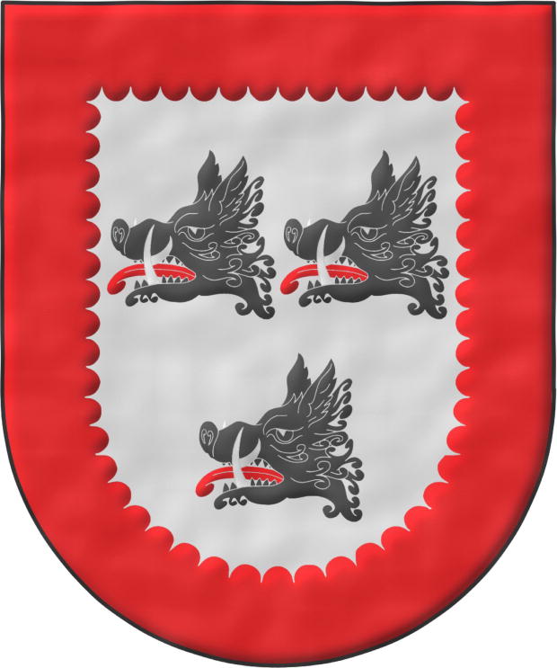 Escudo de plata: tres cabezas de jabal de sable, arrancadas, lampasadas de gules y defendidas de plata; bordura de gules, acanalada.