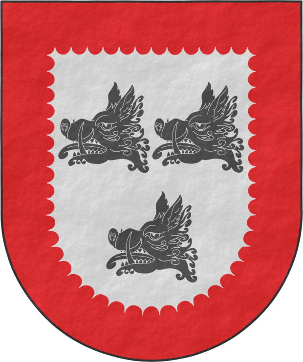 Escudo de plata: tres cabezas de jabal de sable, arrancadas; bordura de gules, acanalada.