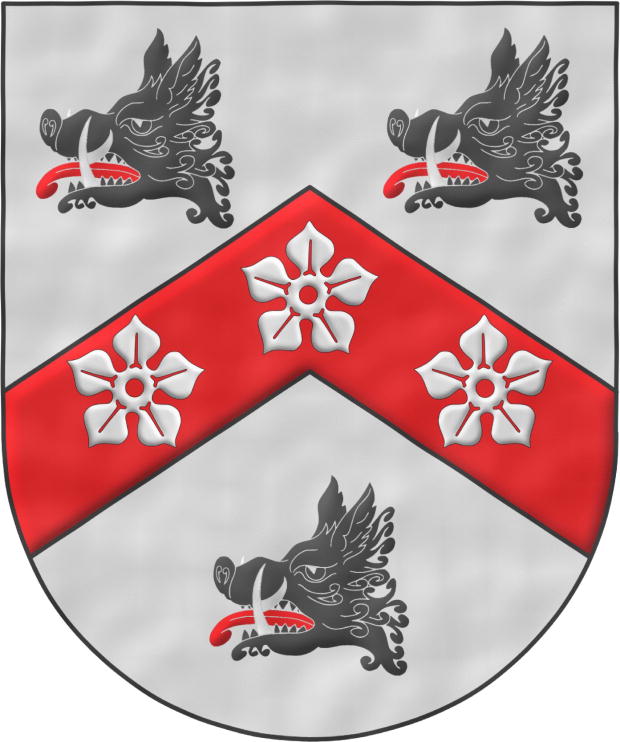 Escudo de plata: un cabrio de gules, cargado de tres quinquefolios de plata; acompaado de tres cabezas de jabal de sable, arrancadas, lampasadas de gules y defendidas de plata.