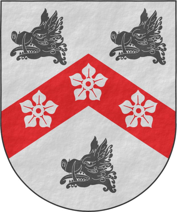 Escudo de plata: un cabrio de gules, cargado de tres quinquefolios de plata; acompaado de tres cabezas de jabal de sable, arrancadas.