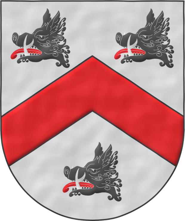 Escudo de plata, un cabrio de gules acompaado de tres cabezas de jabal de sable, arrancadas, lampasadas de gules y defendidas de plata.