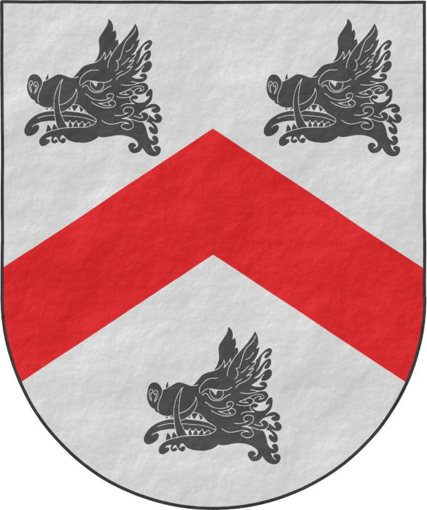 Escudo de plata, un cabrio de gules acompaado de tres cabezas de jabal de sable, arrancadas.