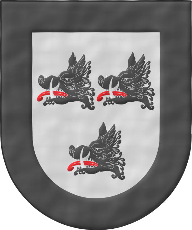 Escudo de plata: tres cabezas de jabal de sable, arrancadas, lampasadas de gules y defendidas de plata; bordura de sable.