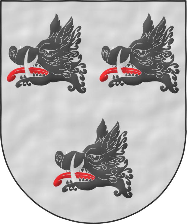 Escudo de plata, tres cabezas de jabal de sable, arrancadas, lampasadas de gules y defendidas de plata.