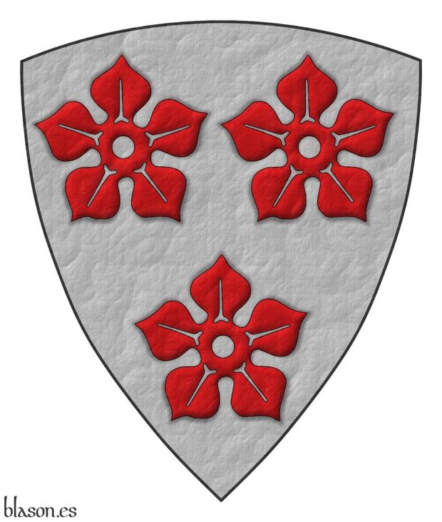 Argent, three cinquefoils Gules.