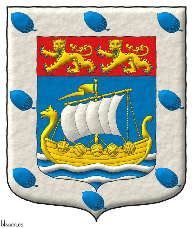 Escudo de azur, en punta tres burelas ondadas de plata sumadas de un barco normando de oro con vela de plata; en un jefe de gules, dos leopardos de oro, armados y lampasados de azur; una bordura de plata cargada de ocho bellotas puestas en banda de azur.