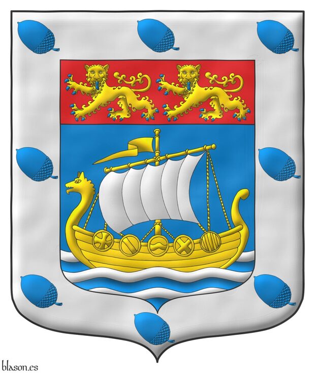 Azure, on three bars wavy Argent, a Norman ship Or, full sail Argent; on a chief Gules, two leopards Or, armed and langued Azure; a bordure Argent charged with eight acorns bendwise Azure.