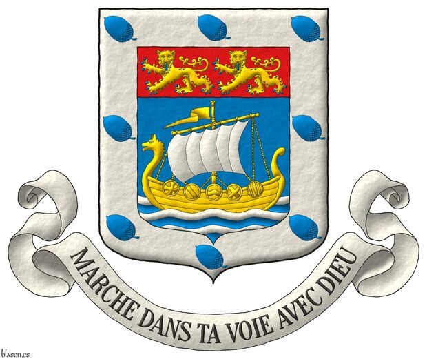 Escudo de azur, en punta tres burelas ondadas de plata sumadas de un barco normando de oro con vela de plata; en un jefe de gules, dos leopardos de oro, armados y lampasados de azur; una bordura de plata cargada de ocho bellotas puestas en banda de azur. Lema: Marche dans ta voie avec Dieu.