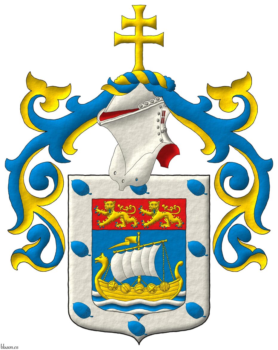 Azure, on three bars wavy Argent, a Norman ship Or, full sail Argent; on a chief Gules, two leopards Or, armed and langued Azure; a bordure Argent charged with eight acorns bendwise Azure. Crest: Upon a helm with a wreath Or and Azure, a cross of Lorraine patty Or. Mantling: Azure doubled Or.