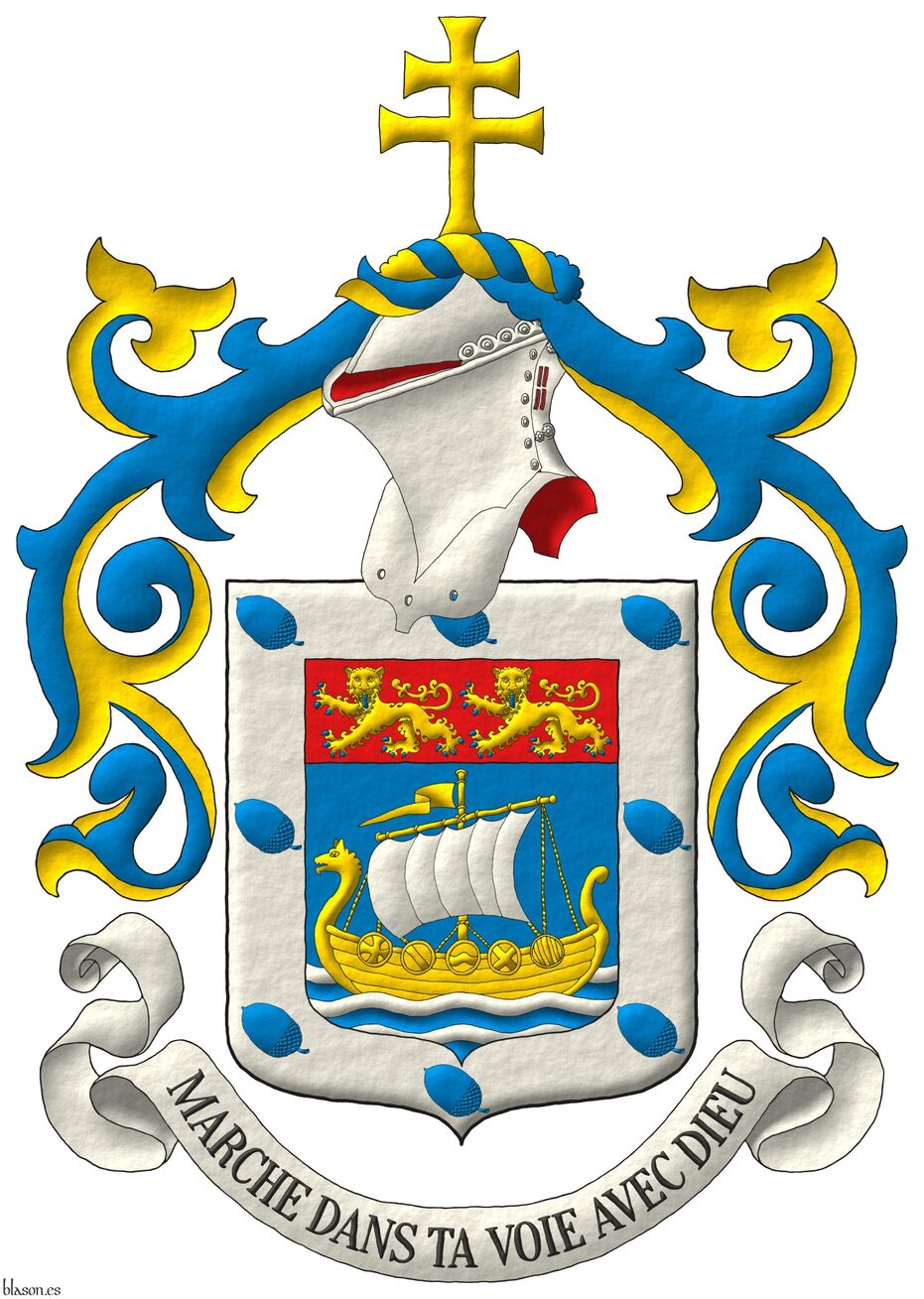 Azure, on three bars wavy Argent, a Norman ship Or, full sail Argent; on a chief Gules, two leopards Or, armed and langued Azure; a bordure Argent charged with eight acorns bendwise Azure. Crest: Upon a helm with a wreath Or and Azure, a cross of Lorraine patty Or. Mantling: Azure doubled Or. Motto: Marche dans ta voie avec Dieu.