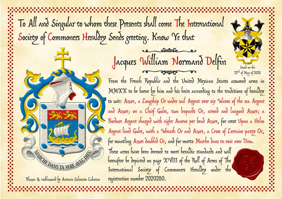 Azure, on three bars wavy Argent, a Norman ship Or, full sail Argent; on a chief Gules, two leopards Or, armed and langued Azure; a bordure Argent charged with eight acorns bendwise Azure. Crest: Upon a helm with a wreath Or and Azure, a cross of Lorraine patty Or. Mantling: Azure doubled Or. Motto: Marche dans ta voie avec Dieu.