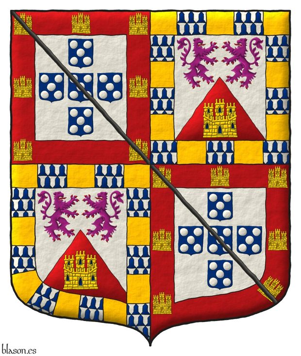 Escudo cuartelado: 1o y 4o de plata, cinco escudetes en cruz de azur, cada uno cargado de cinco bezantes en sotuer de plata, una bordura de gules, cargada de siete castillos de oro, 3, 1 y 3; [de Portugal] brisado de un bast�n de sable; 2o y 3o de plata, mantelado en punta de gules, en jefe, dos leones afrontados de p�rpura, armados y lampasados de gules [de Le�n], en punta un castillo de oro, aclarado de azur, mazonado de sable [de Castilla]; una bordura componada de dieciocho compones de oro y veros [de �lvarez de las Asturias].