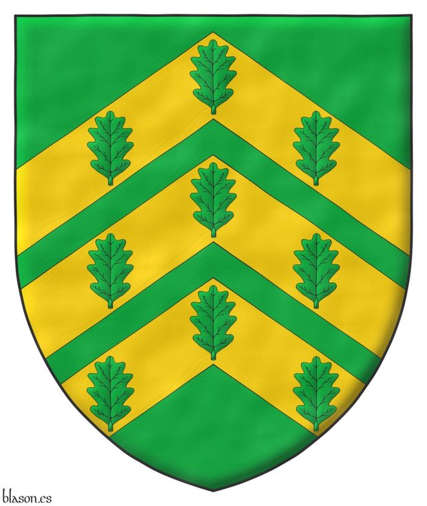 Escudo de sinople, tres cabrios de oro cargados de nueve hojas de roble de sinople, 3, 3 y 3.
