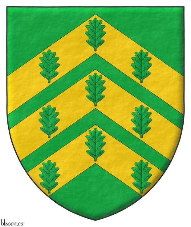 Vert, on three chevrons Or nine oak leaves Vert, 3, 3, and 3.