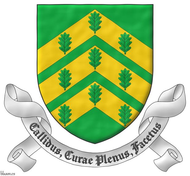 Escudo de sinople, tres cabrios de oro cargados de nueve hojas de roble de sinople, 3, 3 y 3. Lema: Callidus, Curae Plenus, Facetus.