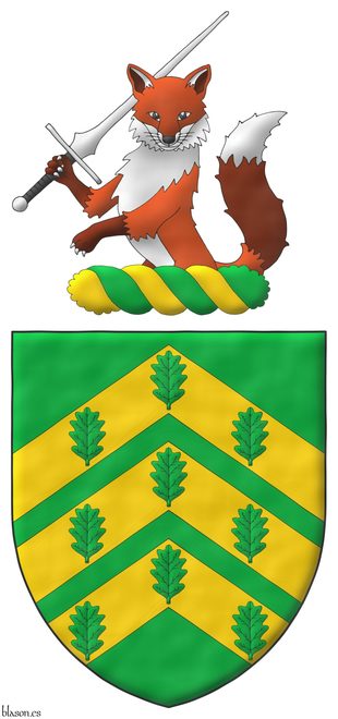 Escudo de sinople, tres cabrios de oro cargados de nueve hojas de roble de sinople, 3, 3 y 3. Timbrado de un yelmo adornado de dos lambrequines de sinople doblados de oro, un burelete de oro y sinople, cimado de un zorro saliente, guardante, teniendo en su diestra una espada feder puesta en barra, ambos al natural.