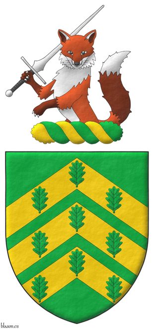Vert, on three chevrons Or nine oak leaves Vert, 3, 3, and 3. Crest: Upon a wreath Or and Vert, a demi-fox guardant, holding in its dexter paw a federschwert bend sinisterwise proper.