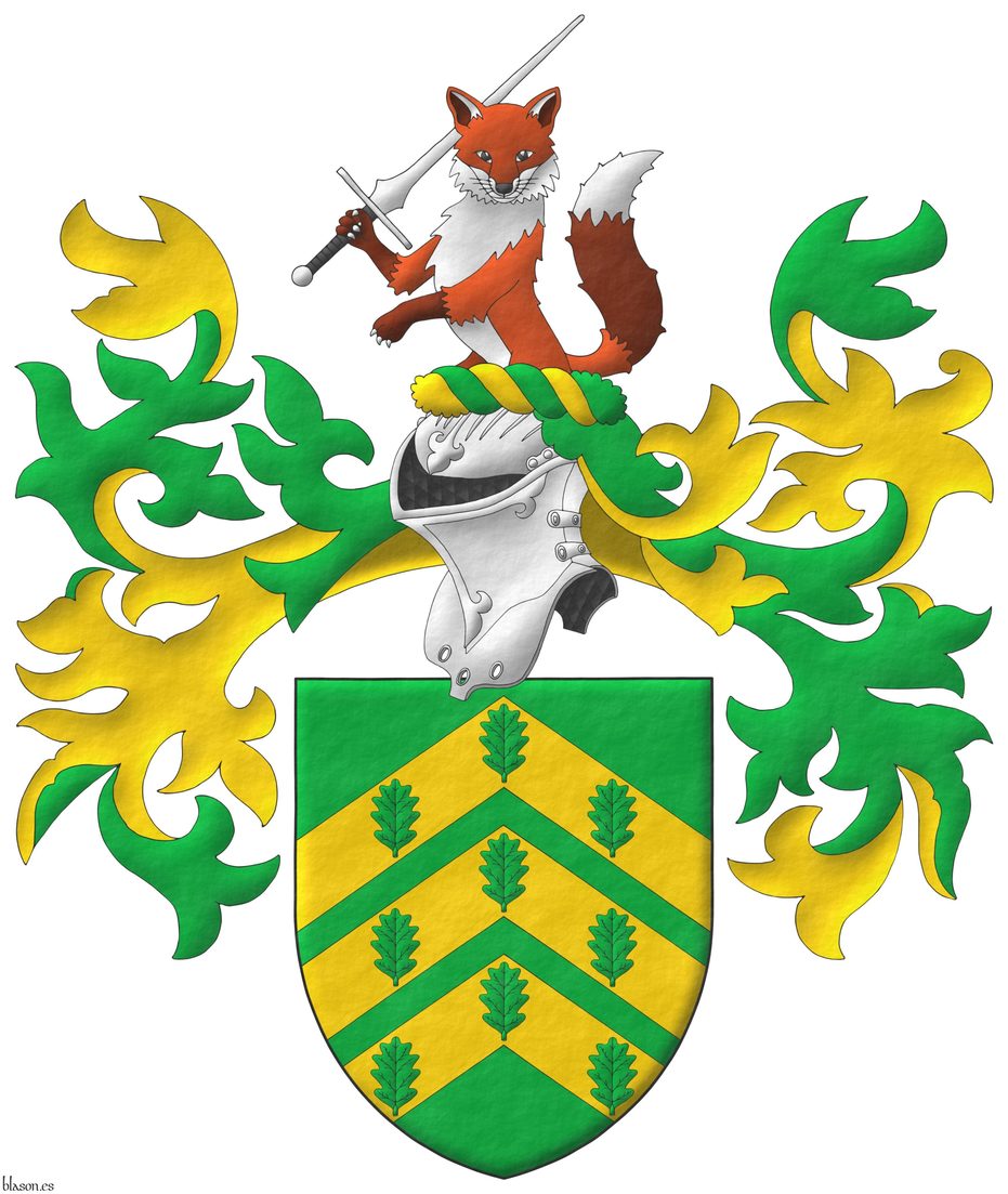 Vert, on three chevrons Or nine oak leaves Vert, 3, 3, and 3. Crest: Upon a helm with a wreath Or and Vert, a demi-fox guardant, holding in its dexter paw a federschwert bend sinisterwise proper. Mantling: Vert doubled Or.
