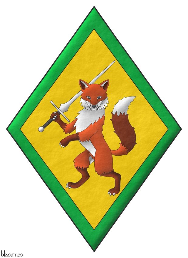 A lozenge Or, charged with a fox rampant, guardant, holding in its dexter paw a federschwert bend sinisterwise proper, within a bordure Vert.