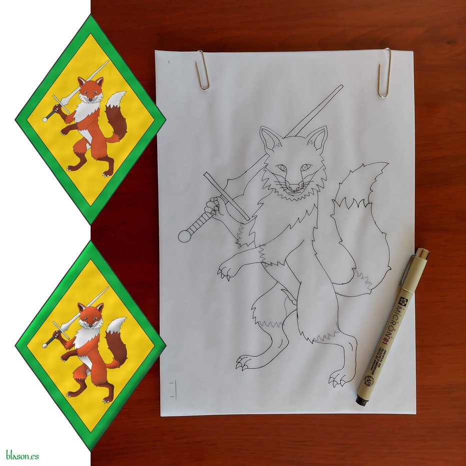 A lozenge Or, charged with a fox rampant, guardant, holding in its dexter paw a federschwert bend sinisterwise proper, within a bordure Vert.