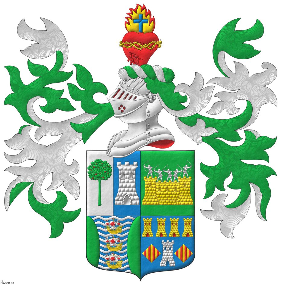 Escudo cuartelado: 1o partido: 1o de plata, un madro�o de sinople, frutado de gules, 2o de azur, una torre de plata; 2o de sinople: una muralla de oro, mazonada de sable, sumada de cinco arqueros de plata en disposici�n de disparar; 3o fajado ondado de azur y plata, tres carabelas en palo de oro, con velas y gallardetes de plata, cargados de cruces de gules, flanqueado curvo de sinople; 4o de azur, una torre de plata, aclarada de azur, mazonada de sable, acompa�ada de dos losanges de oro, cargados de cuatro palos de gules, en jefe cuatro torres en faja de oro, aclaradas de gules, mazonadas de sable. Timbrado de un yelmo adornado de dos lambrequines de sinople doblados de plata, un burelete de plata y sinople, cimado de un coraz�n sangrante de gules, resaltado de una corona de espinas de oro, sumado de una llama de oro, perfilada de gules, cargada de una cruz latina de azur.