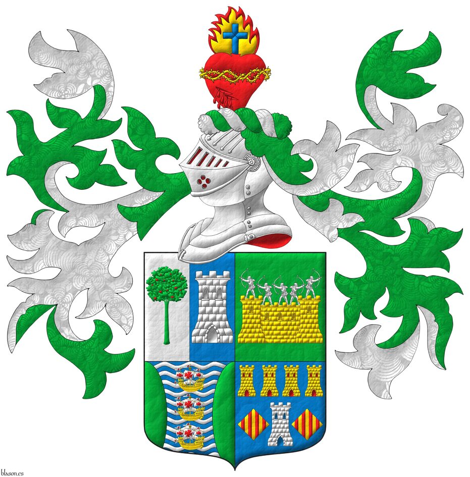 Quarterly: 1 per pale: 1 Argent, a madrone tree (Arbutus unedo) Vert, fructed Gules; 2 Azure, a tower Argent; 2 Vert, on a wall Or, masoned Sable, by five archers Argent in shooting stance; 3 barry wavy Azure and Argent, three caravels in pale Or, sails and pennons Argent charged with crosses Gules, between two flanches Vert; 4 Azure, a tower Argent, port and windows Azure, masoned Sable, between two lozenges Or, each charged with four pallets Gules, in chief four towers in fess Or, port and windows Gules, masoned Sable. Crest: Upon a helm with a wreath Argent and Vert, a bleeding heart Gules, debruised by a crown of thorns Or, tipped by a flame Or, fimbriated Gules, charged with a Latin cross Azure. Mantling: Vert doubled Argent.