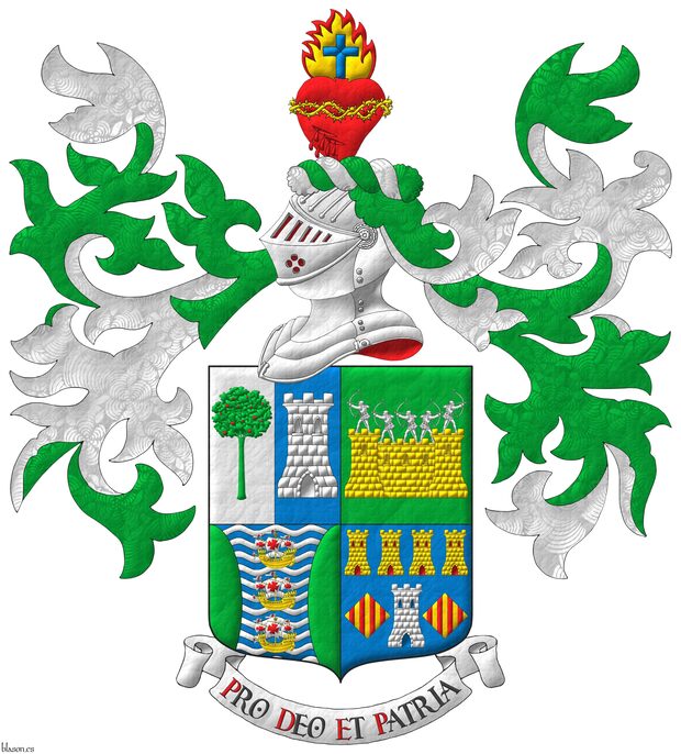 Quarterly: 1 per pale: 1 Argent, a madrone tree (Arbutus unedo) Vert, fructed Gules; 2 Azure, a tower Argent; 2 Vert, on a wall Or, masoned Sable, by five archers Argent in shooting stance; 3 barry wavy Azure and Argent, three caravels in pale Or, sails and pennons Argent charged with crosses Gules, between two flanches Vert; 4 Azure, a tower Argent, port and windows Azure, masoned Sable, between two lozenges Or, each charged with four pallets Gules, in chief four towers in fess Or, port and windows Gules, masoned Sable. Crest: Upon a helm with a wreath Argent and Vert, a bleeding heart Gules, debruised by a crown of thorns Or, tipped by a flame Or, fimbriated Gules, charged with a Latin cross Azure. Mantling: Vert doubled Argent. Motto: �Pro Deo et Patria�.