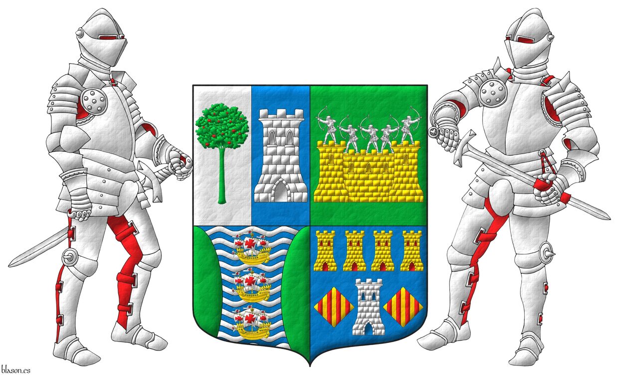 Quarterly: 1 per pale: 1 Argent, a madrone tree (Arbutus unedo) Vert, fructed Gules; 2 Azure, a tower Argent; 2 Vert, on a wall Or, masoned Sable, by five archers Argent in shooting stance; 3 barry wavy Azure and Argent, three caravels in pale Or, sails and pennons Argent charged with crosses Gules, between two flanches Vert; 4 Azure, a tower Argent, port and windows Azure, masoned Sable, between two lozenges Or, each charged with four pallets Gules, in chief four towers in fess Or, port and windows Gules, masoned Sable. Supporters: Two knights in full plate armor Argent, lined Gules.