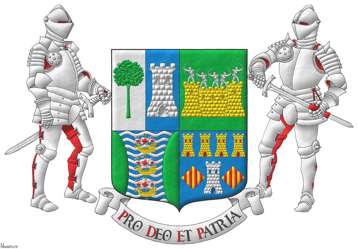 Escudo cuartelado: 1o partido: 1o de plata, un madro�o de sinople, frutado de gules, 2o de azur, una torre de plata; 2o de sinople: una muralla de oro, mazonada de sable, sumada de cinco arqueros de plata en disposici�n de disparar; 3o fajado ondado de azur y plata, tres carabelas en palo de oro, con velas y gallardetes de plata, cargados de cruces de gules, flanqueado curvo de sinople; 4o de azur, una torre de plata, aclarada de azur, mazonada de sable, acompa�ada de dos losanges de oro, cargados de cuatro palos de gules, en jefe cuatro torres en faja de oro, aclaradas de gules, mazonadas de sable. Lema: �Pro Deo et Patria�. Por tenantes dos caballeros con armadura completa de plata, forrada de gules.