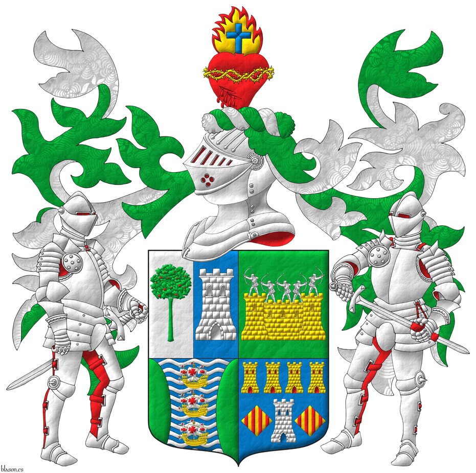 Quarterly: 1 per pale: 1 Argent, a madrone tree (Arbutus unedo) Vert, fructed Gules; 2 Azure, a tower Argent; 2 Vert, on a wall Or, masoned Sable, by five archers Argent in shooting stance; 3 barry wavy Azure and Argent, three caravels in pale Or, sails and pennons Argent charged with crosses Gules, between two flanches Vert; 4 Azure, a tower Argent, port and windows Azure, masoned Sable, between two lozenges Or, each charged with four pallets Gules, in chief four towers in fess Or, port and windows Gules, masoned Sable. Crest: Upon a helm with a wreath Argent and Vert, a bleeding heart Gules, debruised by a crown of thorns Or, tipped by a flame Or, fimbriated Gules, charged with a Latin cross Azure. Mantling: Vert doubled Argent. Supporters: Two knights in full plate armor Argent, lined Gules.