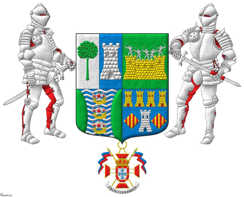 Quarterly: 1 per pale: 1 Argent, a madrone tree (Arbutus unedo) Vert, fructed Gules; 2 Azure, a tower Argent; 2 Vert, on a wall Or, masoned Sable, by five archers Argent in shooting stance; 3 barry wavy Azure and Argent, three caravels in pale Or, sails and pennons Argent charged with crosses Gules, between two flanches Vert; 4 Azure, a tower Argent, port and windows Azure, masoned Sable, between two lozenges Or, each charged with four pallets Gules, in chief four towers in fess Or, port and windows Gules, masoned Sable. Supporters: Two knights in full plate armor Argent, lined Gules. Suspended from the shield the insignia of Honorary Lieutenant of the Duke of Braganza Regiment of the Legion of Frontiersmen.
