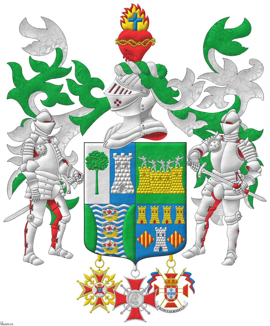 Escudo cuartelado: 1o partido: 1o de plata, un madro�o de sinople, frutado de gules, 2o de azur, una torre de plata; 2o de sinople: una muralla de oro, mazonada de sable, sumada de cinco arqueros de plata en disposici�n de disparar; 3o fajado ondado de azur y plata, tres carabelas en palo de oro, con velas y gallardetes de plata, cargados de cruces de gules, flanqueado curvo de sinople; 4o de azur, una torre de plata, aclarada de azur, mazonada de sable, acompa�ada de dos losanges de oro, cargados de cuatro palos de gules, en jefe cuatro torres en faja de oro, aclaradas de gules, mazonadas de sable. Timbrado de un yelmo adornado de dos lambrequines de sinople doblados de plata, un burelete de plata y sinople, cimado de un coraz�n sangrante de gules, resaltado de una corona de espinas de oro, sumado de una llama de oro, perfilada de gules, cargada de una cruz latina de azur. Por tenantes dos caballeros con armadura completa de plata, forrada de gules. Pendientes de la punta la cruz de Caballero de la Hermandad Nacional Mon�rquica de Espa�a, la cruz de M�rito del Cap�tulo Noble de Fernando VI y la insignia de�Teniente Honorario del Regimiento Duque de Braganza de la Legion of Frontiersmen.