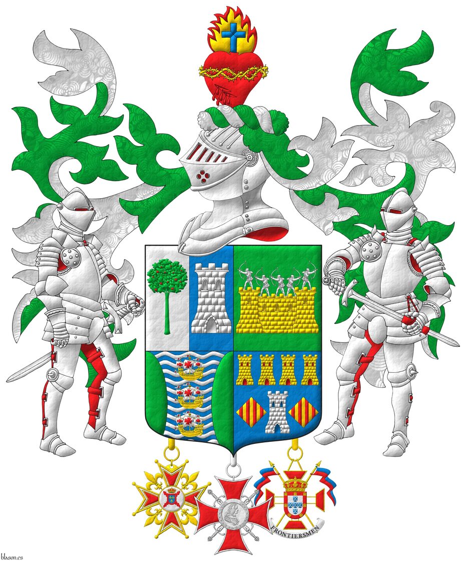 Quarterly: 1 per pale: 1 Argent, a madrone tree (Arbutus unedo) Vert, fructed Gules; 2 Azure, a tower Argent; 2 Vert, on a wall Or, masoned Sable, by five archers Argent in shooting stance; 3 barry wavy Azure and Argent, three caravels in pale Or, sails and pennons Argent charged with crosses Gules, between two flanches Vert; 4 Azure, a tower Argent, port and windows Azure, masoned Sable, between two lozenges Or, each charged with four pallets Gules, in chief four towers in fess Or, port and windows Gules, masoned Sable. Crest: Upon a helm with a wreath Argent and Vert, a bleeding heart Gules, debruised by a crown of thorns Or, tipped by a flame Or, fimbriated Gules, charged with a Latin cross Azure. Mantling: Vert doubled Argent. Supporters: Two knights in full plate armor Argent, lined Gules. Suspended from the shield the cross of Knight of the National Monarchist Brotherhood of Spain, the cross of Merit of the Noble Chapter of Ferdinand VI and the insignia of Honorary Lieutenant of the Duke of Braganza Regiment of the Legion of Frontiersmen.