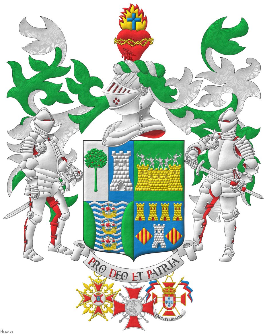 Escudo cuartelado: 1o partido: 1o de plata, un madro�o de sinople, frutado de gules, 2o de azur, una torre de plata; 2o de sinople: una muralla de oro, mazonada de sable, sumada de cinco arqueros de plata en disposici�n de disparar; 3o fajado ondado de azur y plata, tres carabelas en palo de oro, con velas y gallardetes de plata, cargados de cruces de gules, flanqueado curvo de sinople; 4o de azur, una torre de plata, aclarada de azur, mazonada de sable, acompa�ada de dos losanges de oro, cargados de cuatro palos de gules, en jefe cuatro torres en faja de oro, aclaradas de gules, mazonadas de sable. Timbrado de un yelmo adornado de dos lambrequines de sinople doblados de plata, un burelete de plata y sinople, cimado de un coraz�n sangrante de gules, resaltado de una corona de espinas de oro, sumado de una llama de oro, perfilada de gules, cargada de una cruz latina de azur. Lema: �Pro Deo et Patria�. Por tenantes dos caballeros con armadura completa de plata, forrada de gules. Pendientes de la punta la cruz de Caballero de la Hermandad Nacional Mon�rquica de Espa�a, la cruz de M�rito del Cap�tulo Noble de Fernando VI y la insignia de�Teniente Honorario del Regimiento Duque de Braganza de la Legion of Frontiersmen.